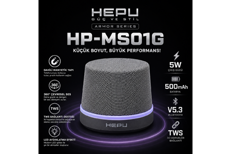 HEPU HP-MS01 Gri Armor Manyetik Bluetooth Hoparlör – 5W Ses Çıkışı, Bluetooth 5.3, TWS Destekli