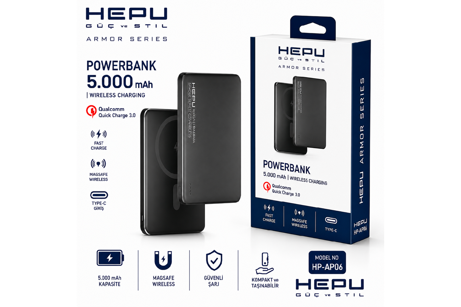 HEPU HP-AP06 Armor MagSafe Powerbank – 5.000 mAh, Kablosuz Hızlı Şarj, Siyah