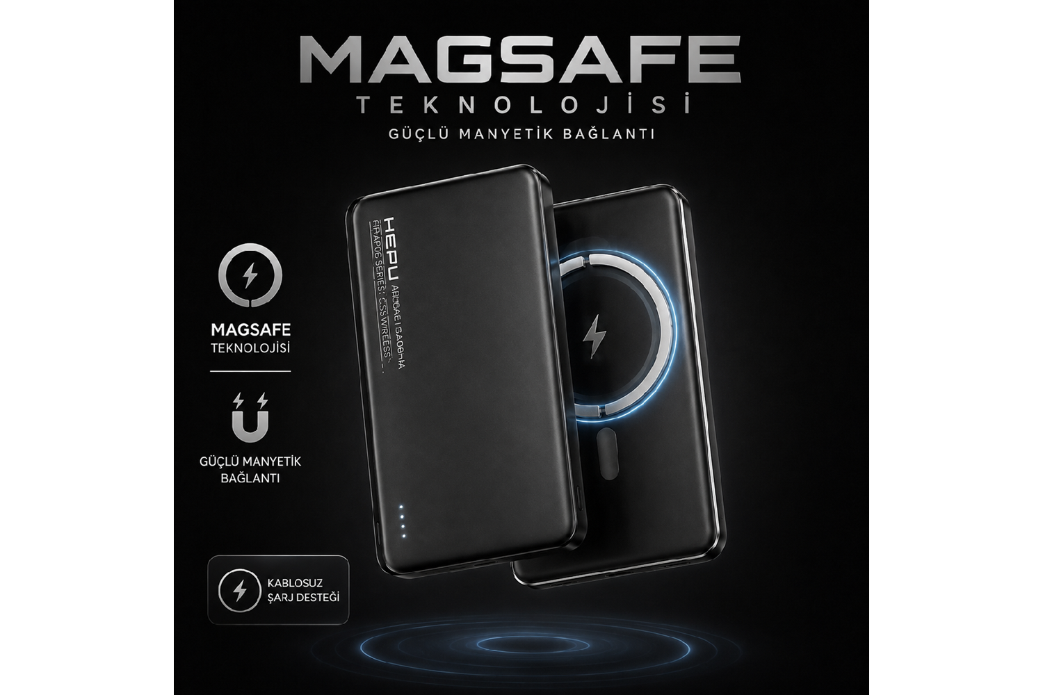 HEPU HP-AP06 Armor MagSafe Powerbank – 5.000 mAh, Kablosuz Hızlı Şarj, Siyah