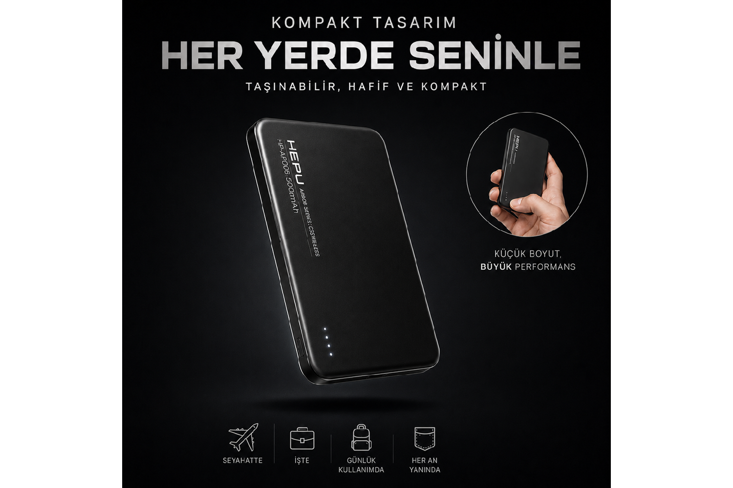 HEPU HP-AP06 Armor MagSafe Powerbank – 5.000 mAh, Kablosuz Hızlı Şarj, Siyah