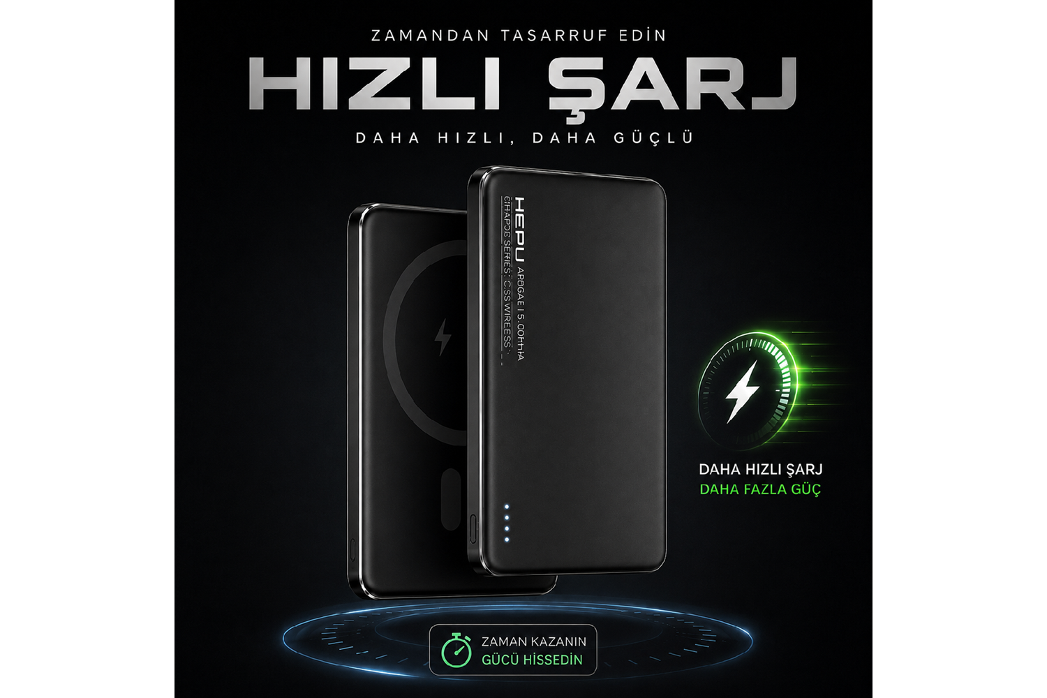 HEPU HP-AP06 Armor MagSafe Powerbank – 5.000 mAh, Kablosuz Hızlı Şarj, Siyah