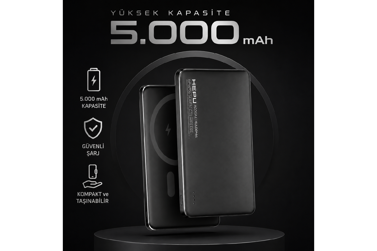 HEPU HP-AP06 Armor MagSafe Powerbank – 5.000 mAh, Kablosuz Hızlı Şarj, Siyah