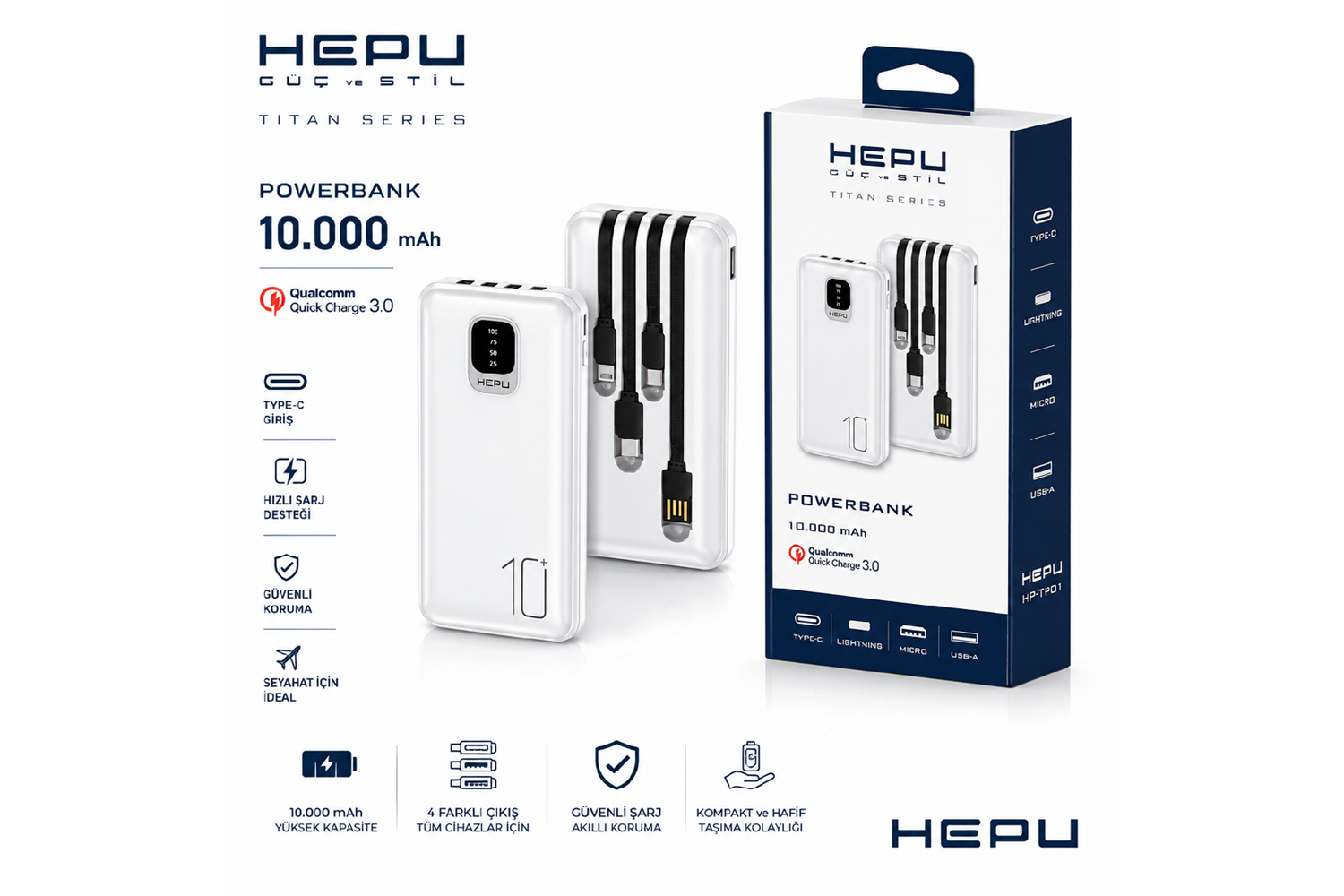 HEPU HP-TP01 Titan Series Powerbank – 10.000 mAh, Dahili Çoklu KablolU