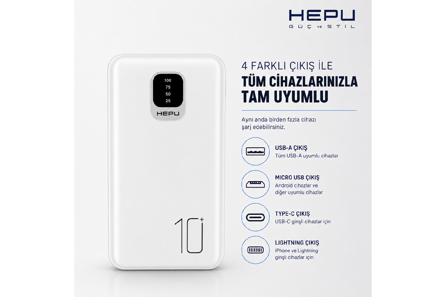 HEPU HP-TP01 Titan Series Powerbank – 10.000 mAh, Dahili Çoklu KablolU