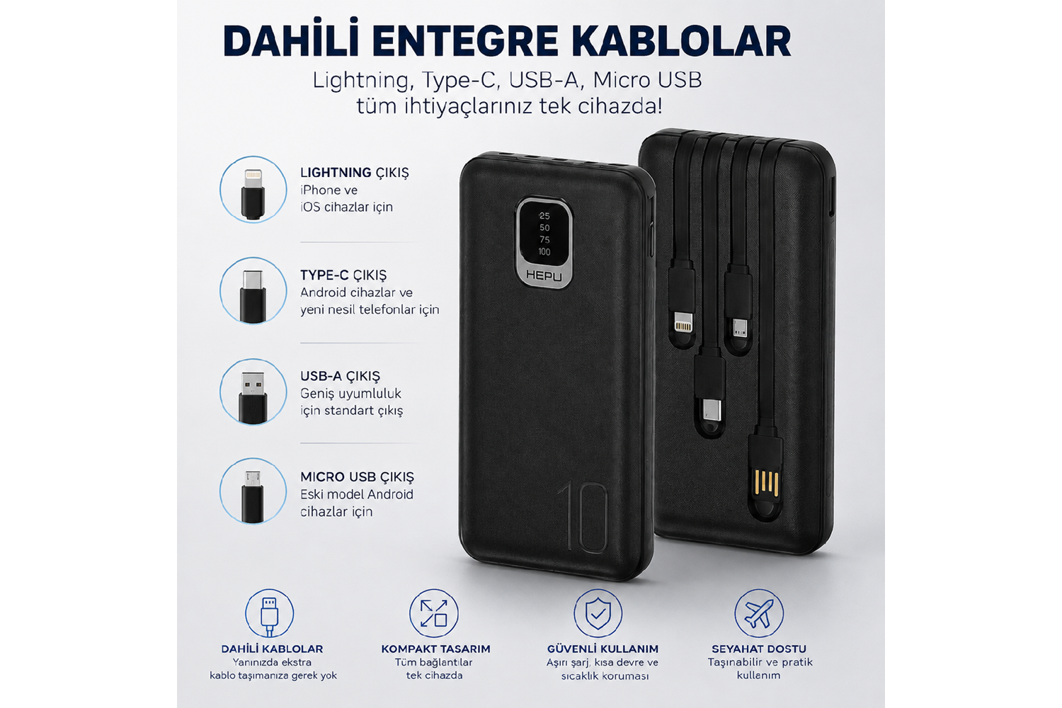 HEPU HP-TP01S Titan Series Powerbank – 10.000 mAh, Dahili Çoklu Kablolu, Hızlı Şarj Destekli, Siyah