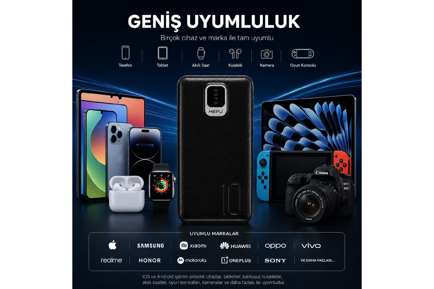 HEPU HP-TP01S Titan Series Powerbank – 10.000 mAh, Dahili Çoklu Kablolu, Hızlı Şarj Destekli, Siyah