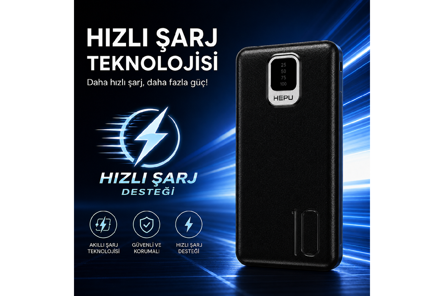 HEPU HP-TP01S Titan Series Powerbank – 10.000 mAh, Dahili Çoklu Kablolu, Hızlı Şarj Destekli, Siyah