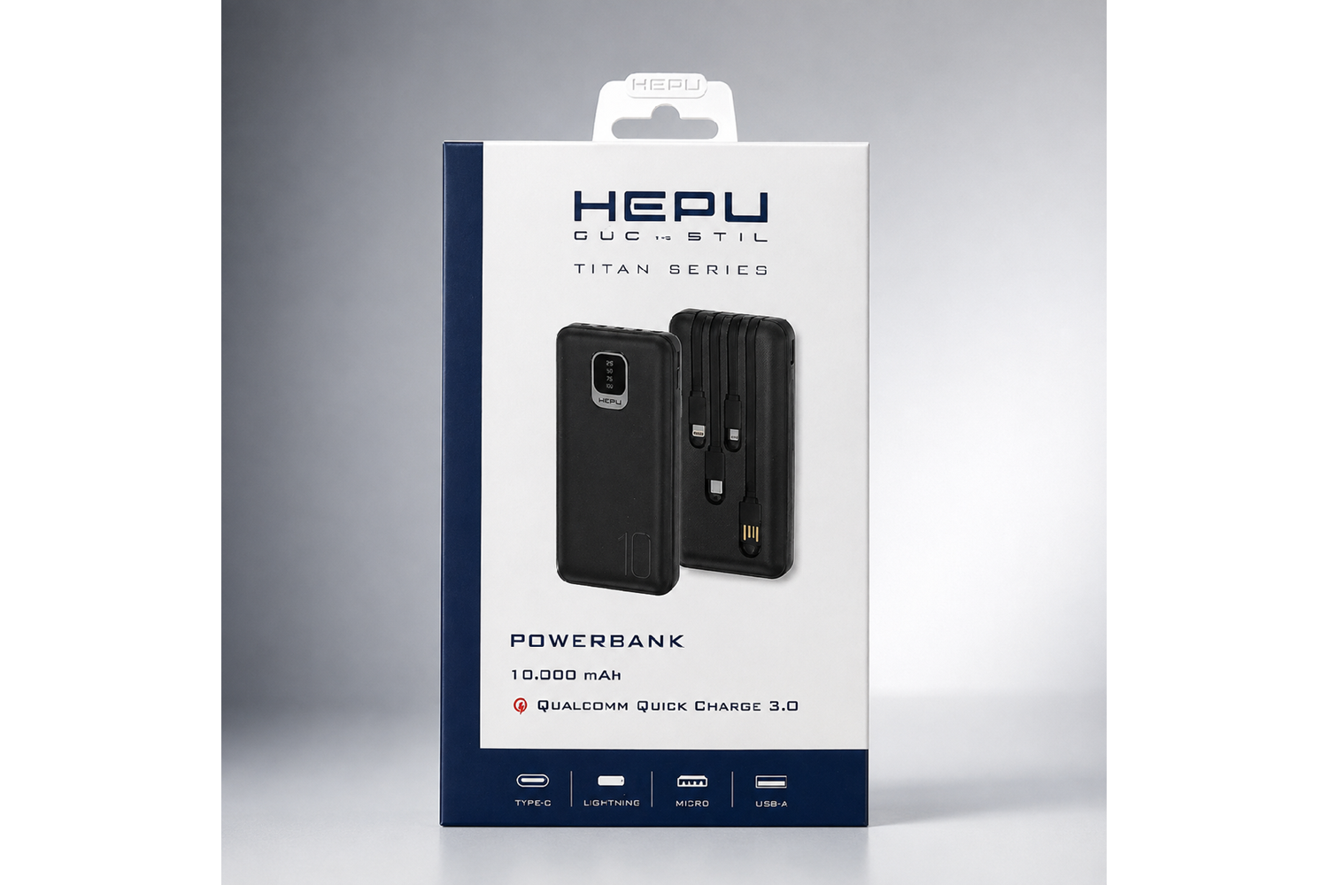 HEPU HP-TP01S Titan Series Powerbank – 10.000 mAh, Dahili Çoklu Kablolu, Hızlı Şarj Destekli, Siyah
