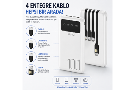 HEPU HP-TP04 Titan Series Powerbank – 10.000 mAh, 4 Entegre Kablolu, Dijital Göstergeli, Hızlı Şarj Destekli