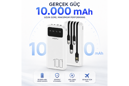 HEPU HP-TP04 Titan Series Powerbank – 10.000 mAh, 4 Entegre Kablolu, Dijital Göstergeli, Hızlı Şarj Destekli