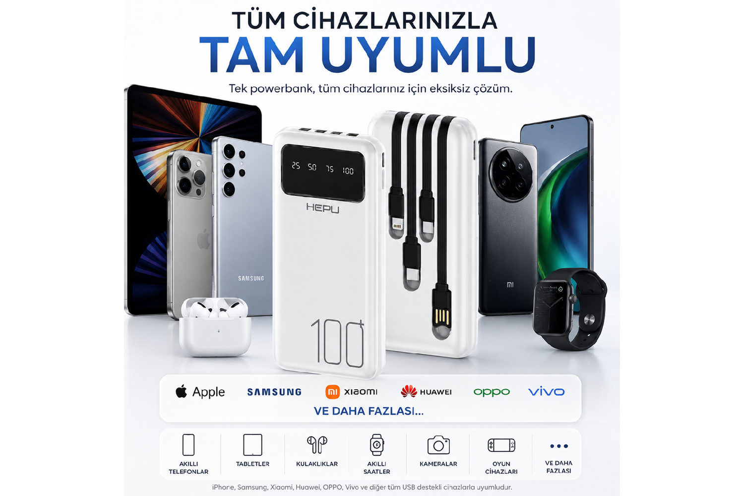 HEPU HP-TP04 Titan Series Powerbank – 10.000 mAh, 4 Entegre Kablolu, Dijital Göstergeli, Hızlı Şarj Destekli