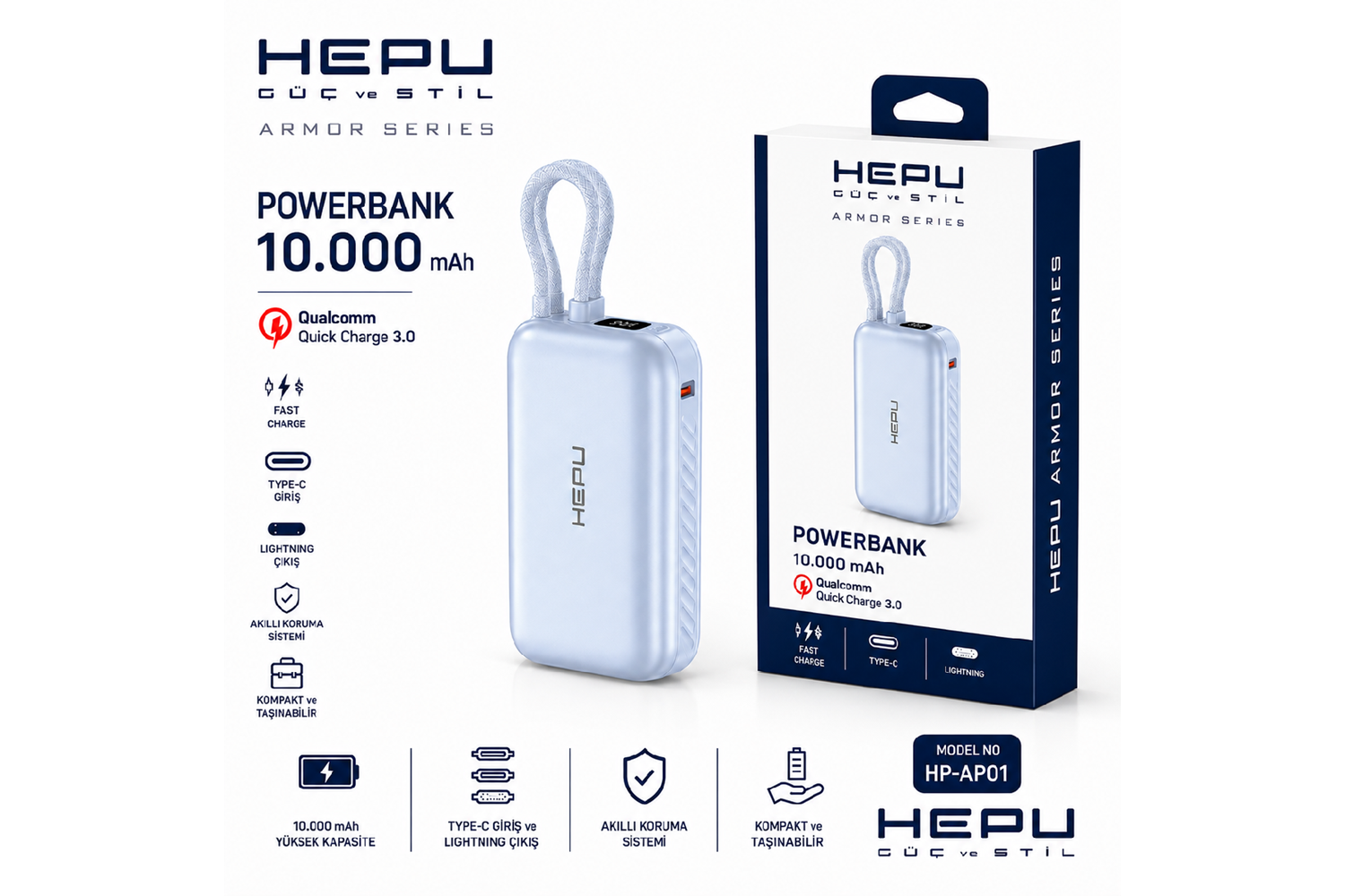 HEPU HP-AP01 Armor Powerbank – 10.000 mAh, Kendinden Kablolu Hızlı Şarj Destekli