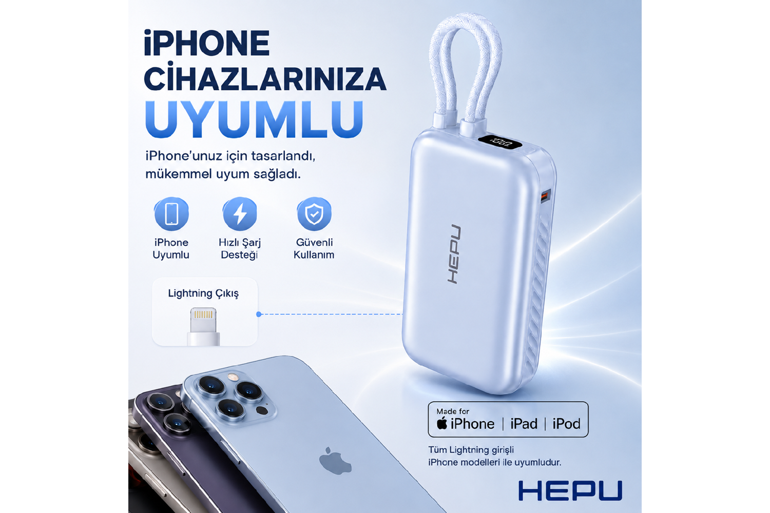 HEPU HP-AP01 Armor Powerbank – 10.000 mAh, Kendinden Kablolu Hızlı Şarj Destekli