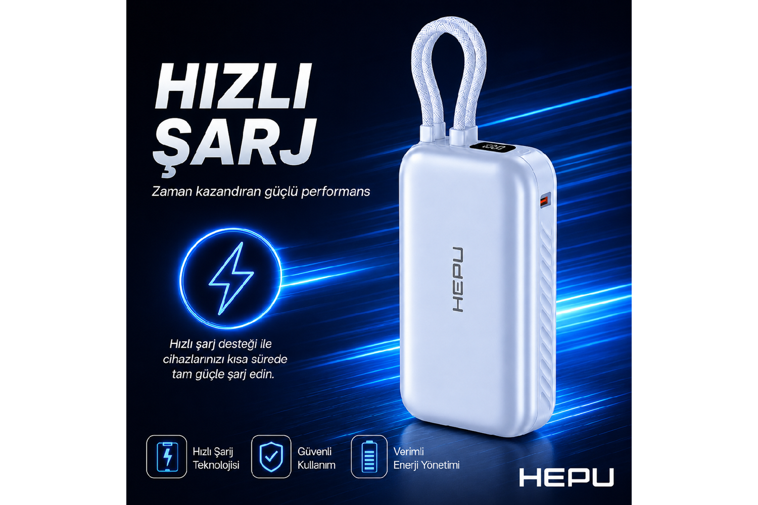HEPU HP-AP01 Armor Powerbank – 10.000 mAh, Kendinden Kablolu Hızlı Şarj Destekli
