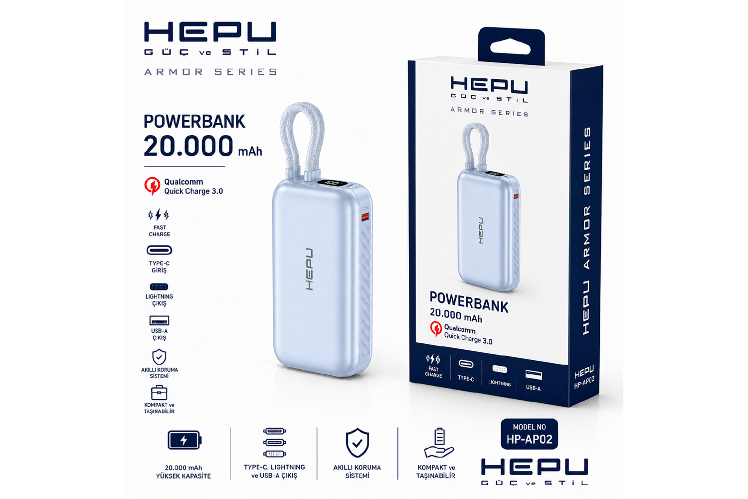 HEPU HP-AP02 Armor Powerbank – 20.000 mAh, Type-Cve USB-A Çıkışlı, Hızlı Şarj Destekli
