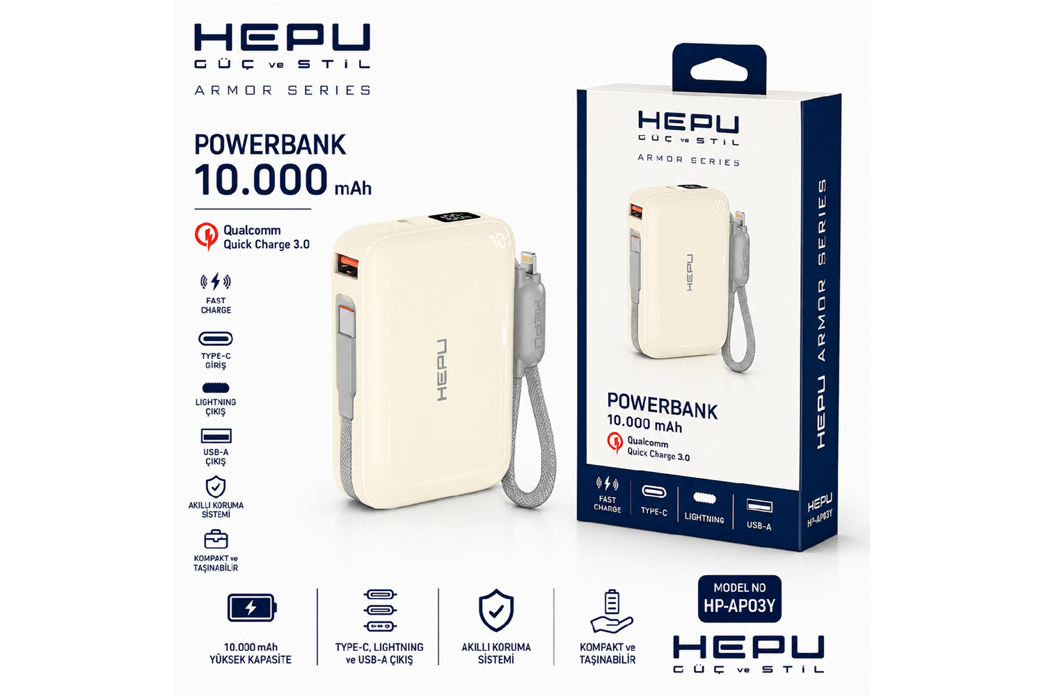 HEPU HP-AP03Y Armor Powerbank – 10.000 mAh, Type-C, Lightning ve USB-A Çıkışlı, Hızlı Şarj Destekli