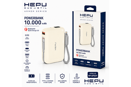 HEPU HP-AP03Y Armor Powerbank – 10.000 mAh, Type-C, Lightning ve USB-A Çıkışlı, Hızlı Şarj Destekli