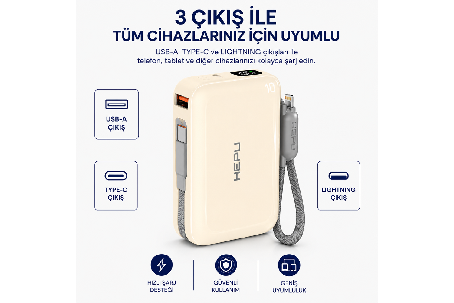 HEPU HP-AP03Y Armor Powerbank – 10.000 mAh, Type-C, Lightning ve USB-A Çıkışlı, Hızlı Şarj Destekli