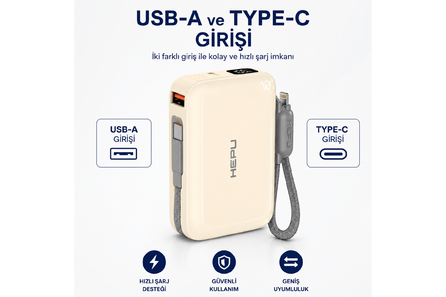 HEPU HP-AP03Y Armor Powerbank – 10.000 mAh, Type-C, Lightning ve USB-A Çıkışlı, Hızlı Şarj Destekli