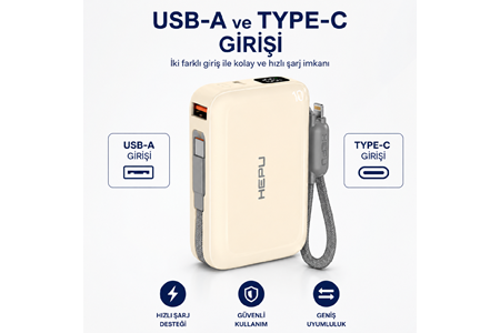 HEPU HP-AP03Y Armor Powerbank – 10.000 mAh, Type-C, Lightning ve USB-A Çıkışlı, Hızlı Şarj Destekli