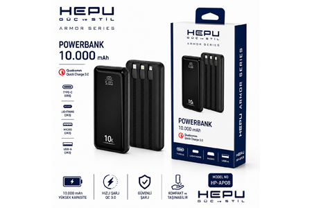 HEPU HP-AP08 Armor Powerbank – 10.000 mAh, Entegre Çoklu Kablolu, Dijital Göstergeli, Hızlı Şarj Destekli