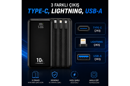 HEPU HP-AP08 Armor Powerbank – 10.000 mAh, Entegre Çoklu Kablolu, Dijital Göstergeli, Hızlı Şarj Destekli