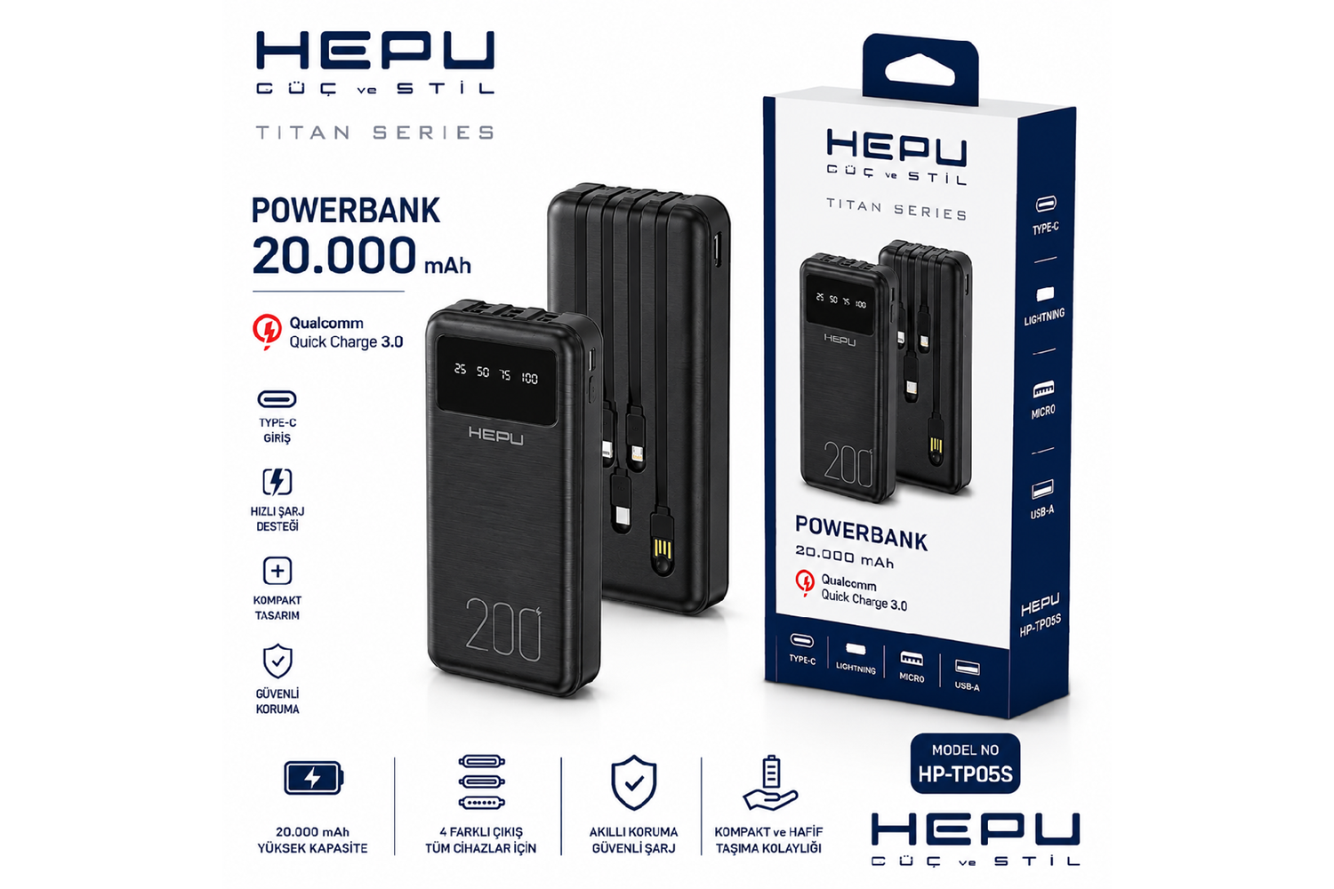 HEPU HP-TP05S Titan Series Powerbank – 20.000 mAh, 4 Entegre Kablolu, Dijital Göstergeli, Hızlı Şarj Destekli, Siyah