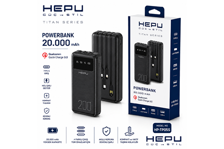 HEPU HP-TP05S Titan Series Powerbank – 20.000 mAh, 4 Entegre Kablolu, Dijital Göstergeli, Hızlı Şarj Destekli, Siyah
