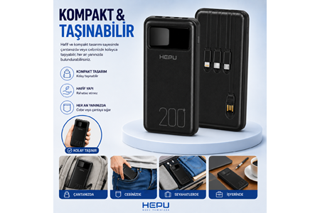 HEPU HP-TP05S Titan Series Powerbank – 20.000 mAh, 4 Entegre Kablolu, Dijital Göstergeli, Hızlı Şarj Destekli, Siyah