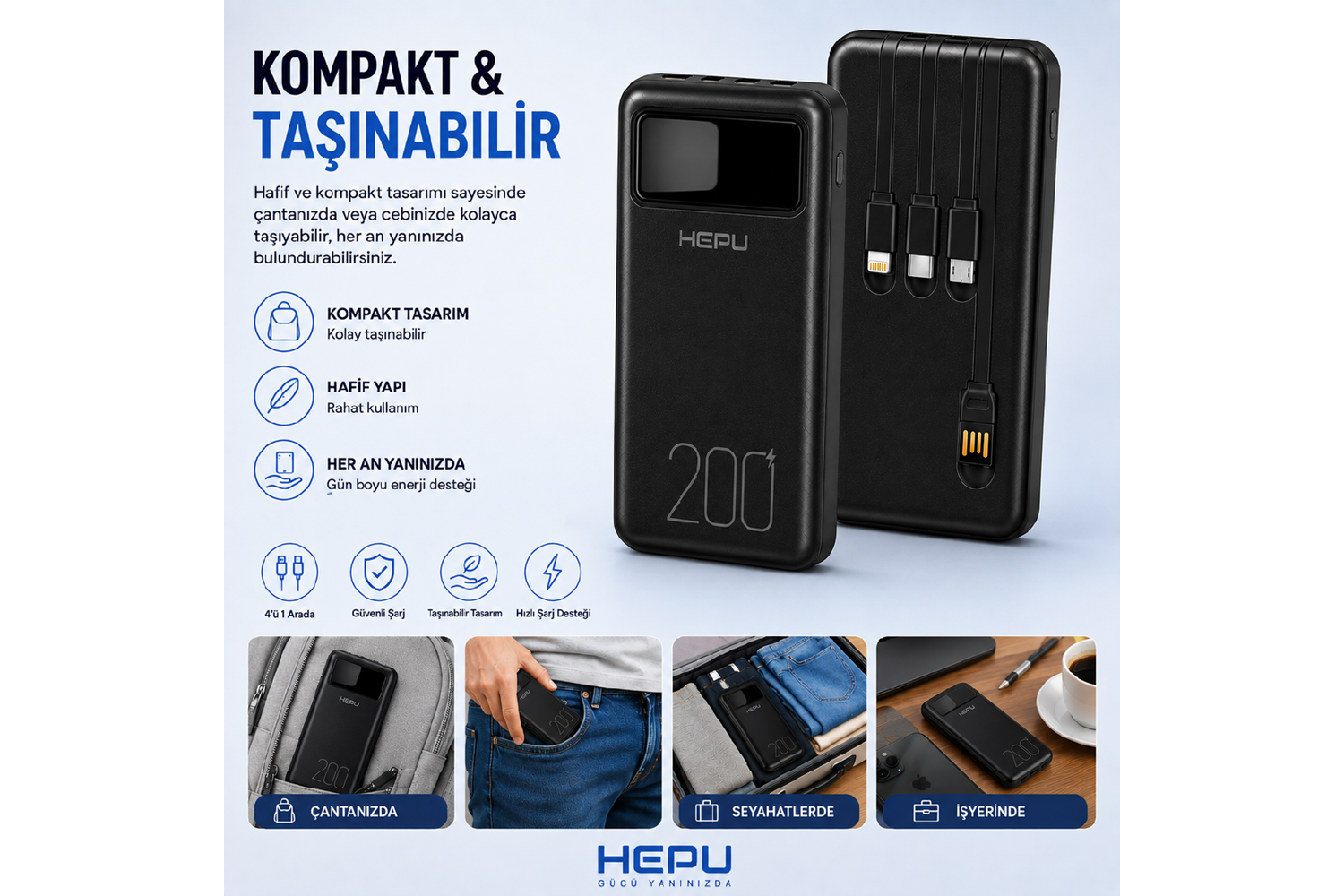 HEPU HP-TP05S Titan Series Powerbank – 20.000 mAh, 4 Entegre Kablolu, Dijital Göstergeli, Hızlı Şarj Destekli, Siyah