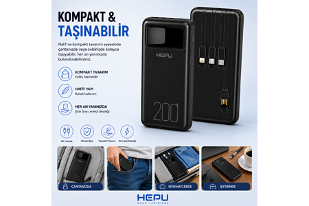 HEPU HP-TP05S Titan Series Powerbank – 20.000 mAh, 4 Entegre Kablolu, Dijital Göstergeli, Hızlı Şarj Destekli, Siyah