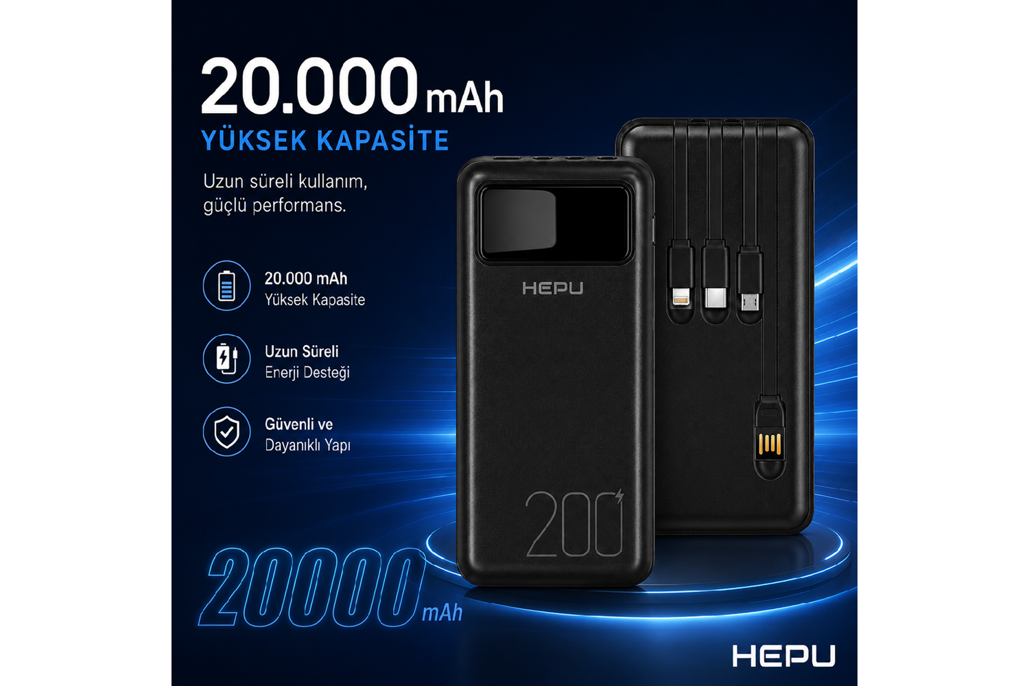 HEPU HP-TP05S Titan Series Powerbank – 20.000 mAh, 4 Entegre Kablolu, Dijital Göstergeli, Hızlı Şarj Destekli, Siyah