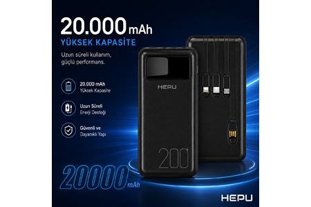 HEPU HP-TP05S Titan Series Powerbank – 20.000 mAh, 4 Entegre Kablolu, Dijital Göstergeli, Hızlı Şarj Destekli, Siyah