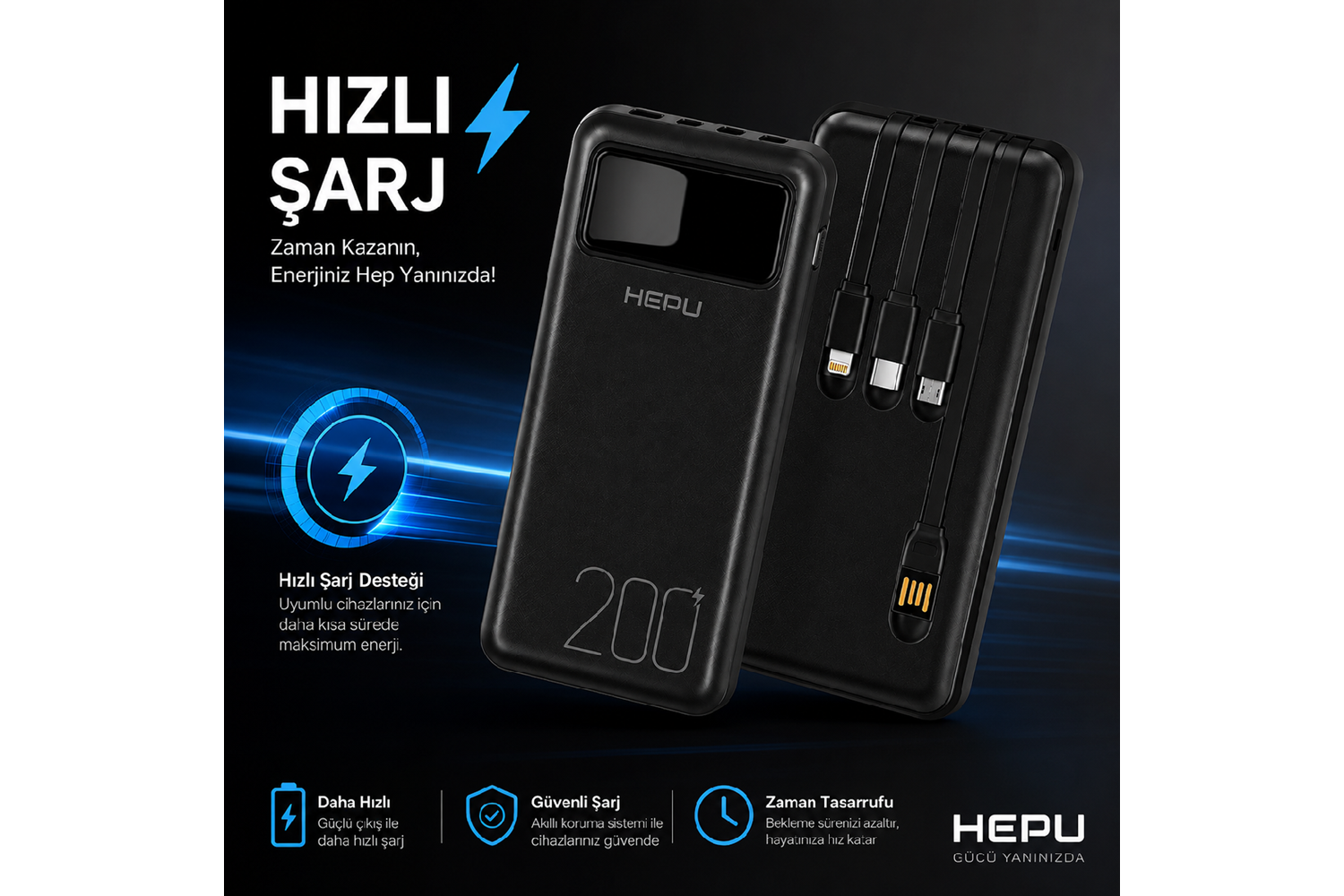 HEPU HP-TP05S Titan Series Powerbank – 20.000 mAh, 4 Entegre Kablolu, Dijital Göstergeli, Hızlı Şarj Destekli, Siyah