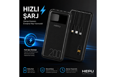 HEPU HP-TP05S Titan Series Powerbank – 20.000 mAh, 4 Entegre Kablolu, Dijital Göstergeli, Hızlı Şarj Destekli, Siyah