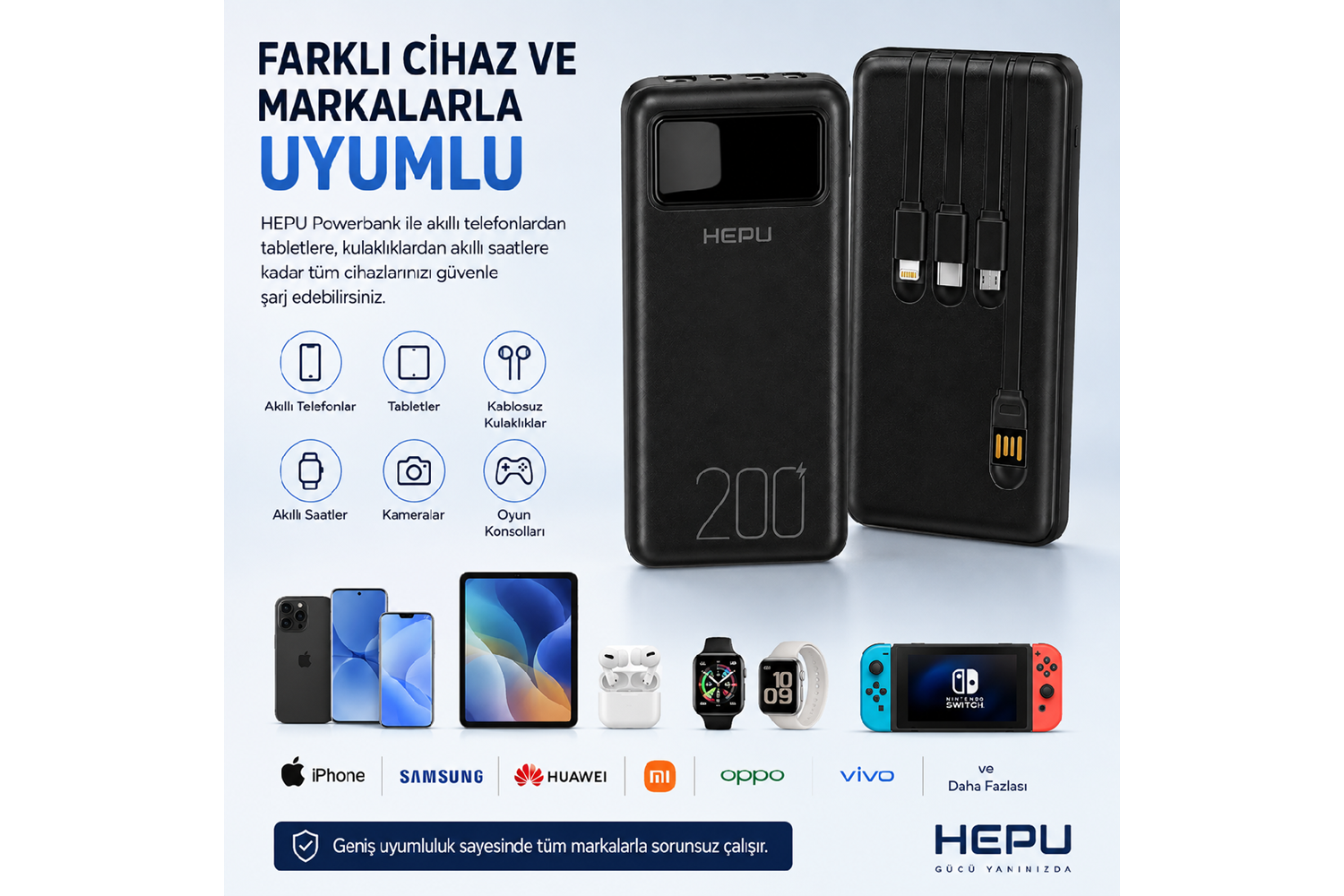 HEPU HP-TP05S Titan Series Powerbank – 20.000 mAh, 4 Entegre Kablolu, Dijital Göstergeli, Hızlı Şarj Destekli, Siyah