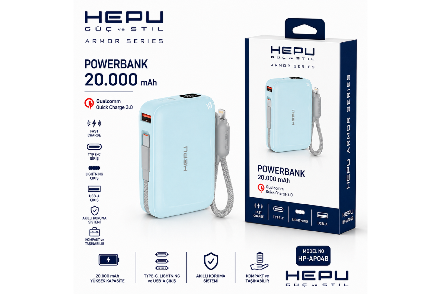 HEPU HP-AP04B Armor Powerbank – 20.000 mAh, Type-C, Lightning ve USB-A Çıkışlı, Hızlı Şarj Destekli