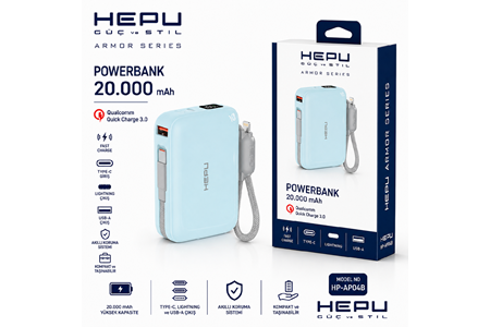 HEPU HP-AP04B Armor Powerbank – 20.000 mAh, Type-C, Lightning ve USB-A Çıkışlı, Hızlı Şarj Destekli