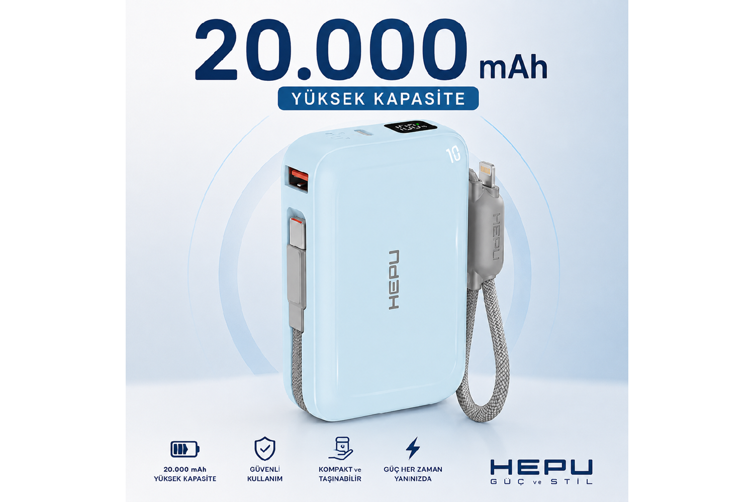 HEPU HP-AP04B Armor Powerbank – 20.000 mAh, Type-C, Lightning ve USB-A Çıkışlı, Hızlı Şarj Destekli