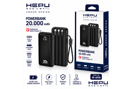 HEPU HP-AP09 Armor Powerbank – 20.000 mAh, Entegre Çoklu Kablolu, Dijital Göstergeli, Hızlı Şarj Destekli