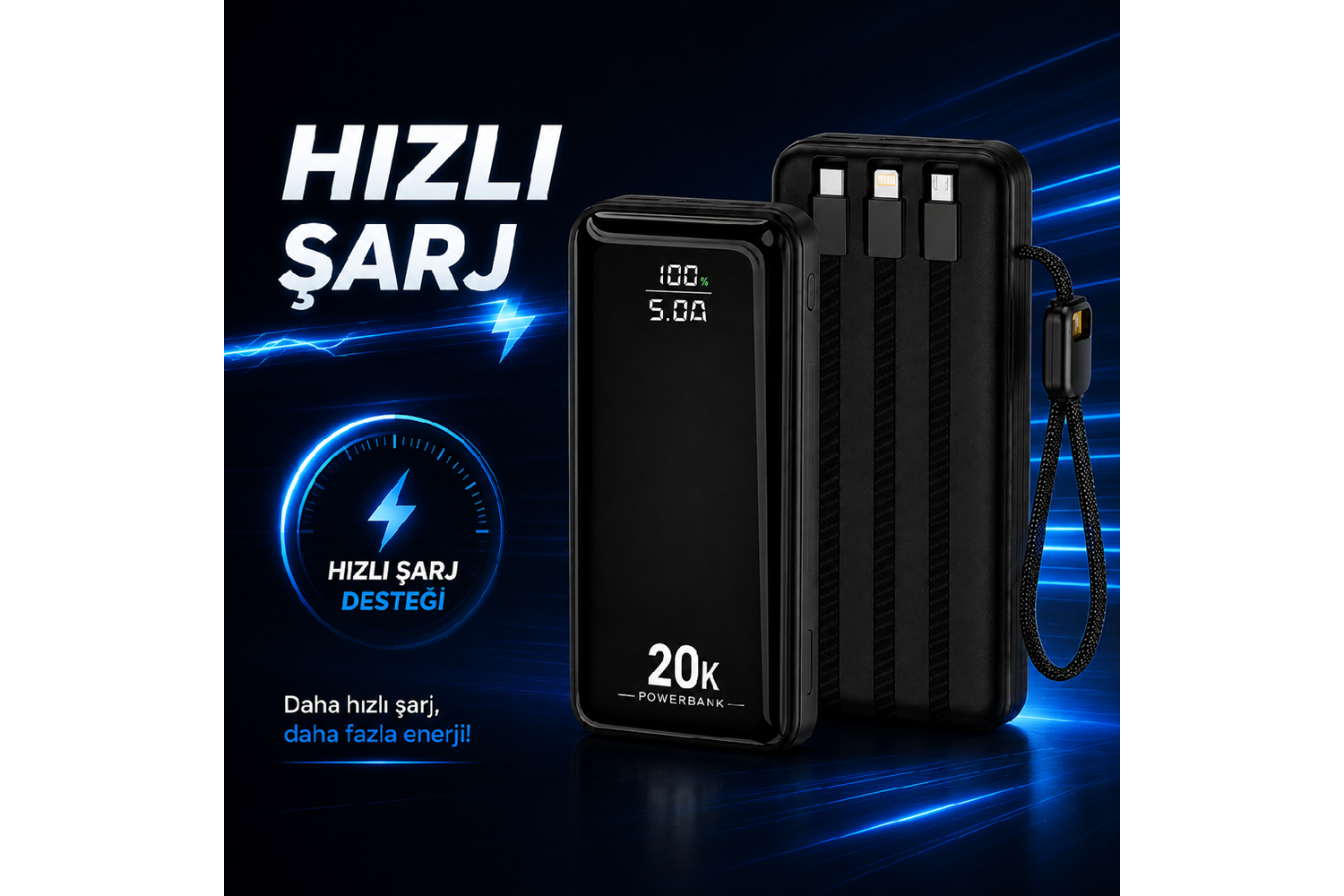 HEPU HP-AP09 Armor Powerbank – 20.000 mAh, Entegre Çoklu Kablolu, Dijital Göstergeli, Hızlı Şarj Destekli