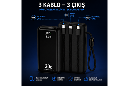 HEPU HP-AP09 Armor Powerbank – 20.000 mAh, Entegre Çoklu Kablolu, Dijital Göstergeli, Hızlı Şarj Destekli