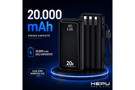 HEPU HP-AP09 Armor Powerbank – 20.000 mAh, Entegre Çoklu Kablolu, Dijital Göstergeli, Hızlı Şarj Destekli