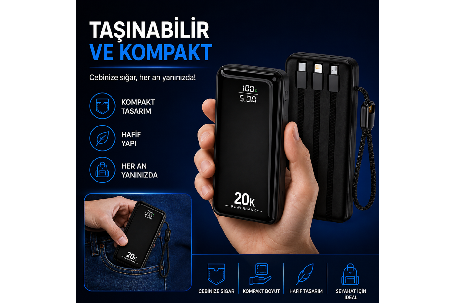 HEPU HP-AP09 Armor Powerbank – 20.000 mAh, Entegre Çoklu Kablolu, Dijital Göstergeli, Hızlı Şarj Destekli