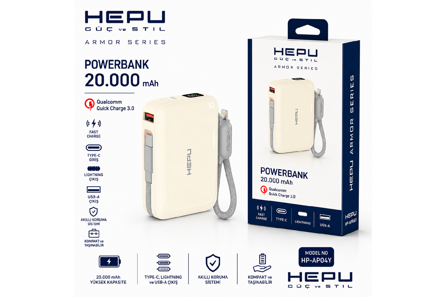 HEPU HP-AP04Y Armor Powerbank – 20.000 mAh, Type-C, Lightning ve USB-A Çıkışlı, Hızlı Şarj Destekli, Krem