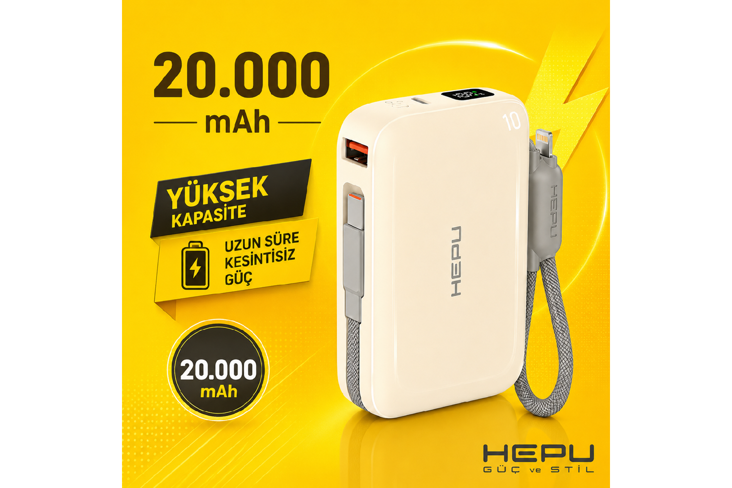 HEPU HP-AP04Y Armor Powerbank – 20.000 mAh, Type-C, Lightning ve USB-A Çıkışlı, Hızlı Şarj Destekli, Krem