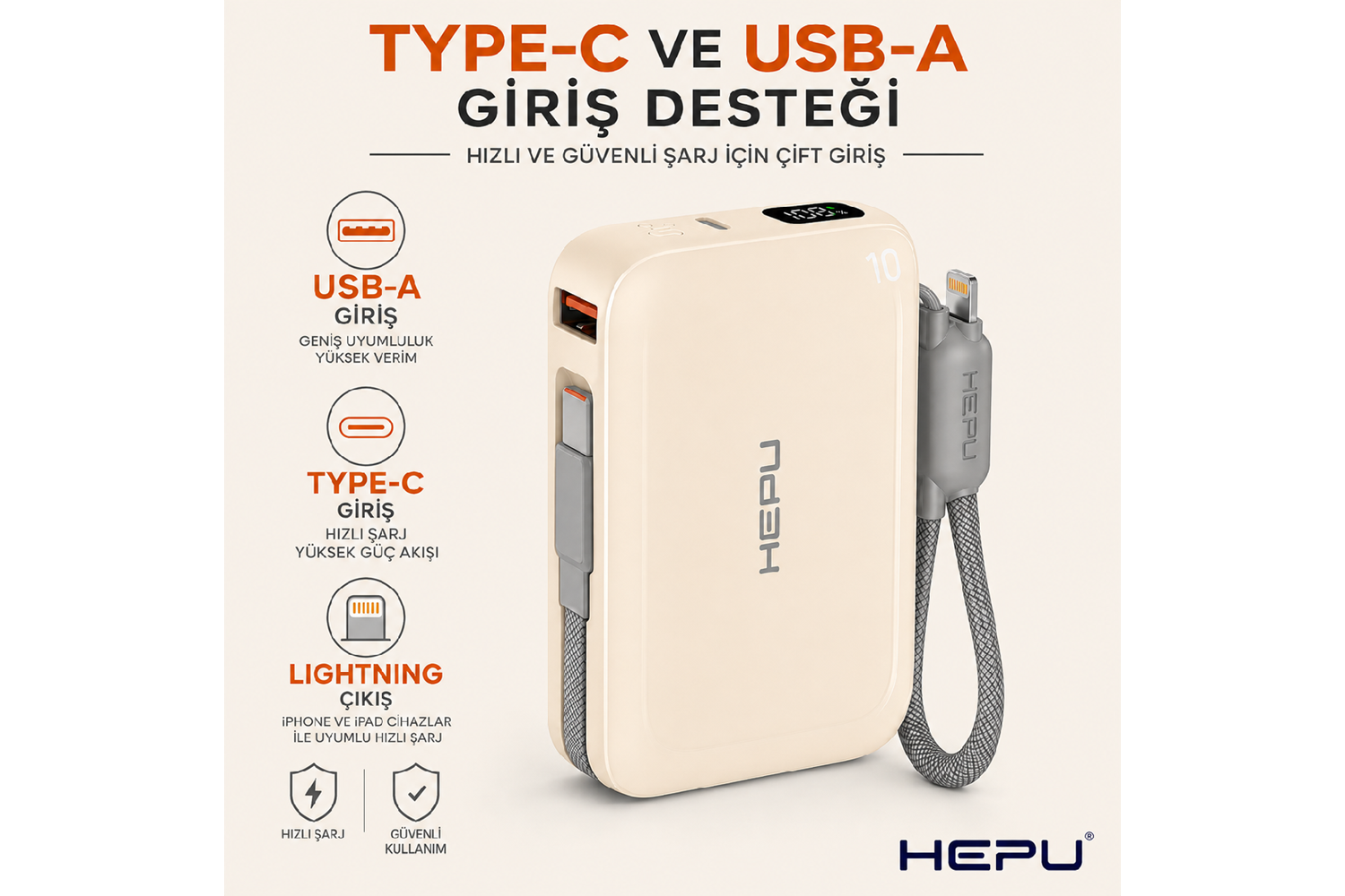 HEPU HP-AP04Y Armor Powerbank – 20.000 mAh, Type-C, Lightning ve USB-A Çıkışlı, Hızlı Şarj Destekli, Krem