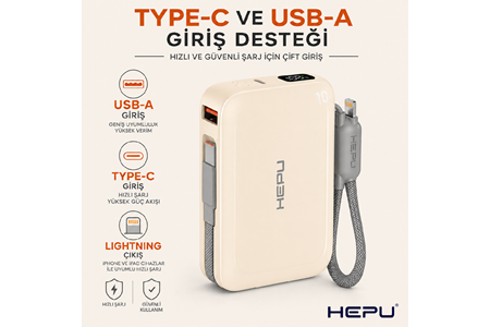 HEPU HP-AP04Y Armor Powerbank – 20.000 mAh, Type-C, Lightning ve USB-A Çıkışlı, Hızlı Şarj Destekli, Krem