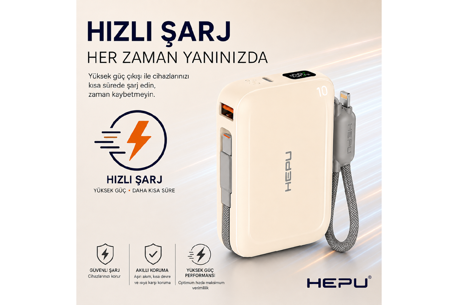 HEPU HP-AP04Y Armor Powerbank – 20.000 mAh, Type-C, Lightning ve USB-A Çıkışlı, Hızlı Şarj Destekli, Krem