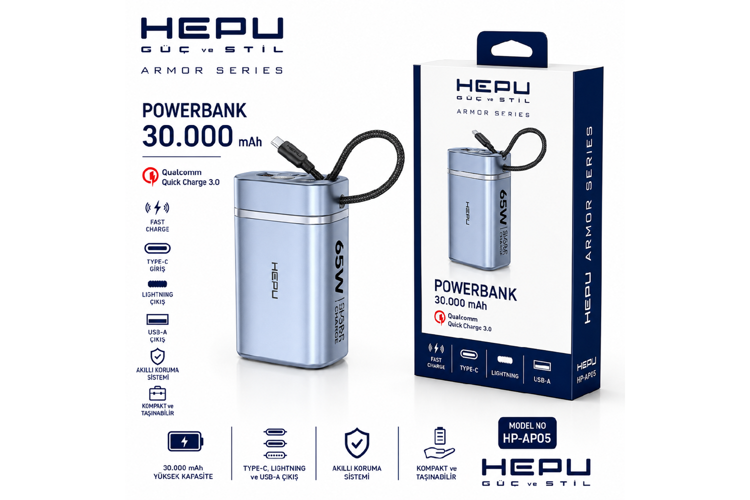 HEPU HP-AP05 Armor Powerbank – 30.000 mAh, 65W Hızlı Şarj, Type-C, Lightning ve USB-A Çıkışlı